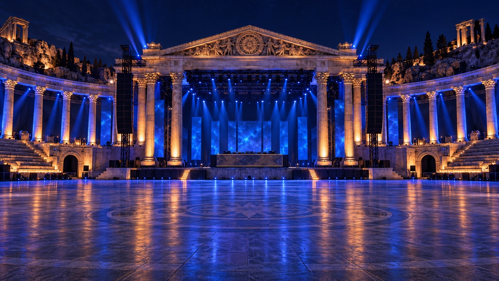 Escenario monumental preparado para un festival comercial de música electrónica, sin público