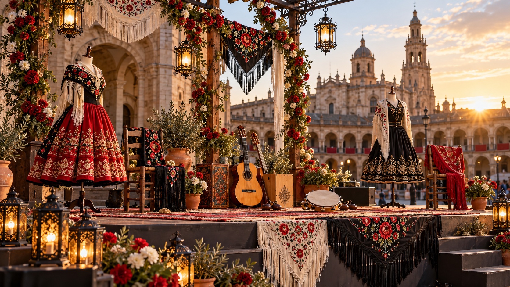 Escenario folclórico preparado con vestuario, instrumentos y decoración tradicional, sin público