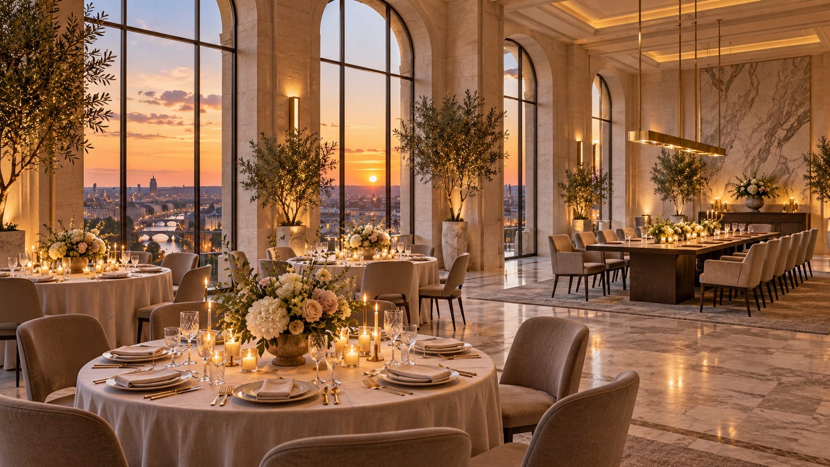 Salón privado preparado para una celebración y reunión corporativa, sin asistentes